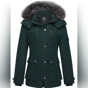 Wantdo Women's Winter Forest Green Parka Jacket with Faux Fur Trim NWOT